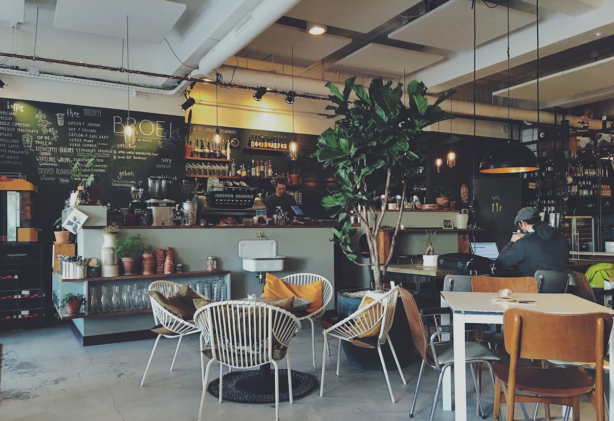 Warm café interior with customers