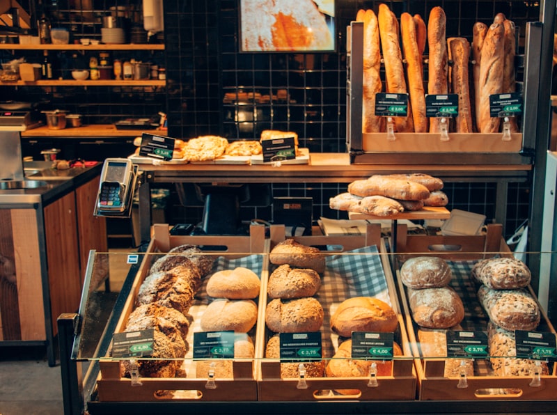 Bakery counter with fresh loaves